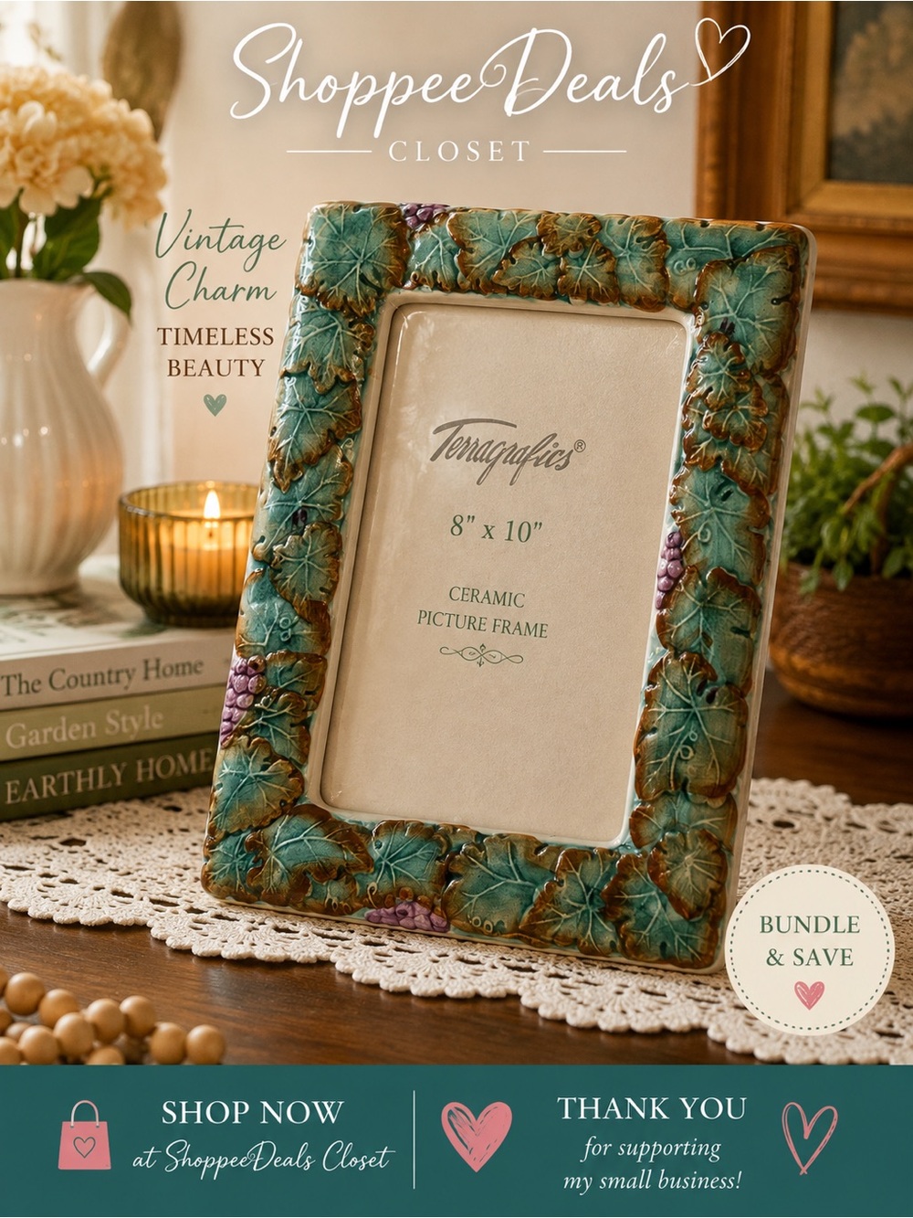 Terragrafics Ceramic Grapevine Picture Frame – Vintage Tabletop Decor